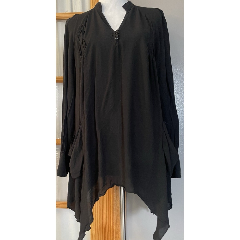 Spense Asymmetrical Hem Blouse XL Black Pintuck Buttons Pockets Whimsigoth Witch